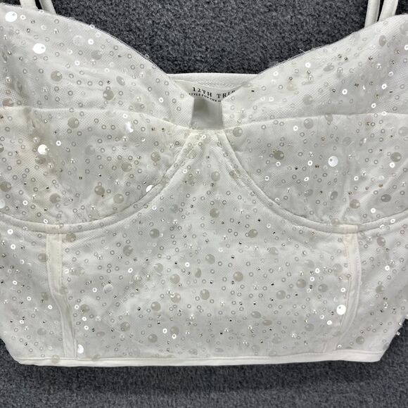 12th Tribe Top Womens Small White Sequin Crop party adjustable strap - Picture 6 of 16